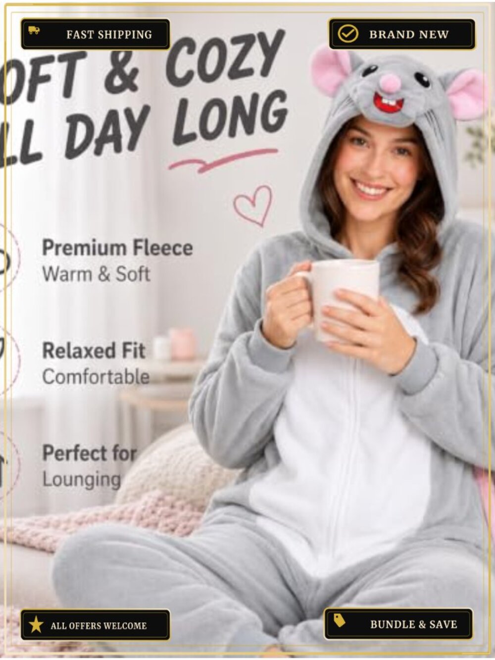 Unisex Adult Mouse Animal Onesie Flannel One-Piece Pajama Costume
